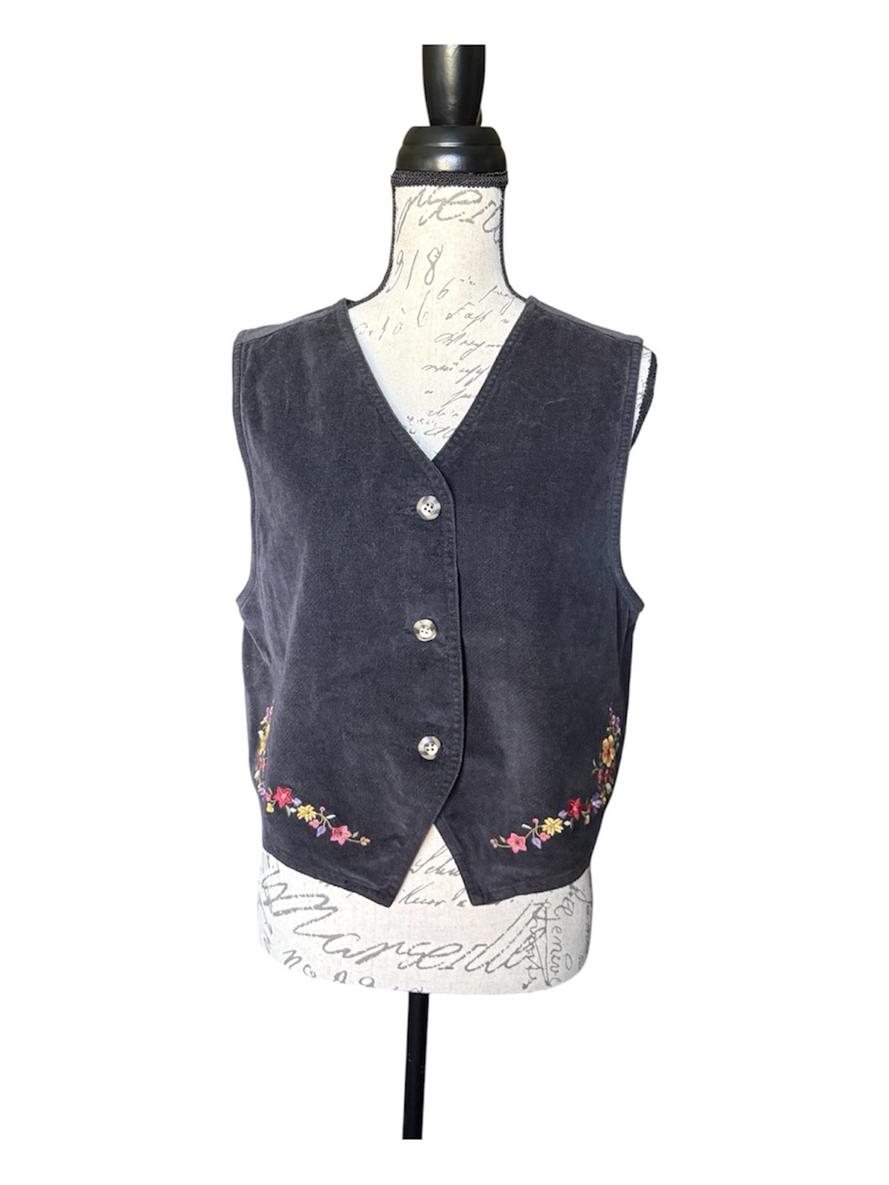 Cherokee Vest M Black Embroidered Floral Button Front Cotton Cottagecore 90s